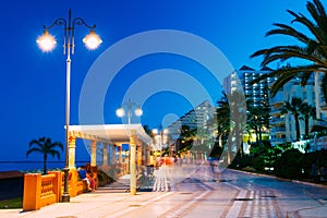 Night Scenery View Of Embankment, Seacoast, Beach In Benalmadena