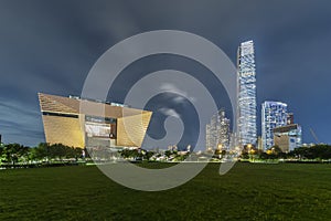 Night scenery of West Kowloon Cultural District of Hong Kong city