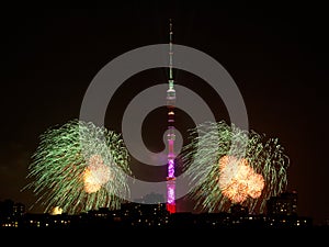 Night scenery withTV Tower and firework, Moscow