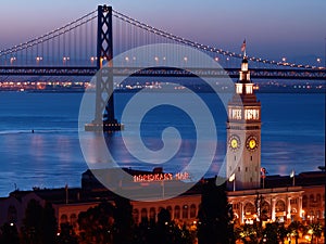 The night scenes of Ferry Building & Bay Bridge