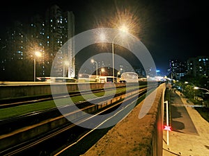 night scenes of tram rails in Wuhan