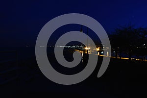 Night scenic of lights along the shore of the Great Lakes