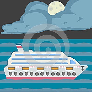 Night on the sea, moon light. Cruise ship. Flat design style.