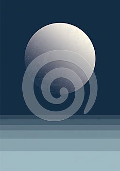 Night sea and moon minimalist aesthetic illustration poster. Abstract ocean wave