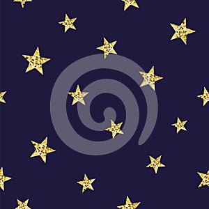 Night seamless pattern with gold glitter textured stars on the dark blue background texture