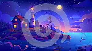 A night seascape depicting a lighthouse on island, a ship deck and starry skies. Cartoon modern background with a house