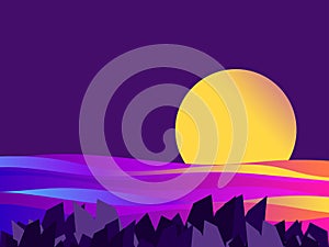 Night seascape. Sunset, gradient waves. Yellow, blue and purple gradient. Vector