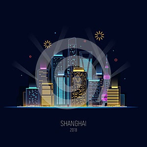 Night Shanghai in neon shine. Lights of the big city. Skyscrapers and fireworks. Concept design holiday background.