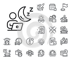 Night shift line icon. Online insomnia sign. Plane jet, travel map and baggage claim. Vector