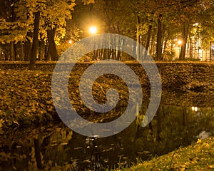 Night shooting a river in a city park