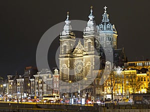 A night shot of basilica st nicholas in amsterdam