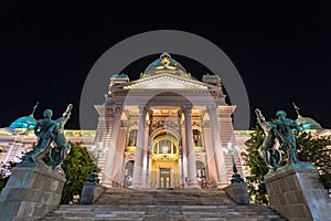 Night shot of Belgrade\'s parliament building