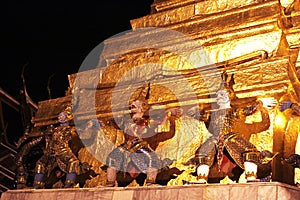 Night shot in a famous thai temple in bangkok the place called `wat pra keaw`