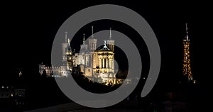 Night shot of Fourviere Church and the Metallic Tower in Lyon, France