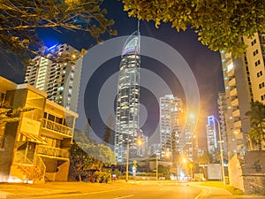 Night shot of Gold Coast skyline illumated at night.
