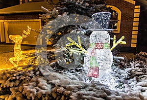 Night shot of illuminated christmas deer and snowman