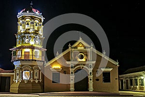 Night shot of illuminated historic Church Santa Barbara (Iglesia de Santa Barbara) Santa Cruz de Mompox