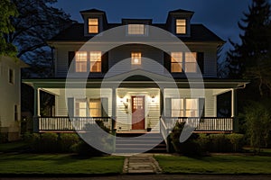 night shot with lights on inside the two-story colonial revival house
