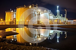 night shot of lights reflected on the fuel storage tanks