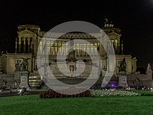 Night shot of the Monument of Vittorio Emanuele II, in the Venetian square of Rome. Italy