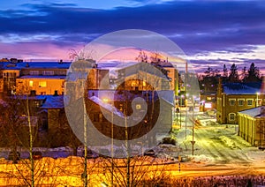 Night shot over the rooftops of the snowy Finnish town of Rauma