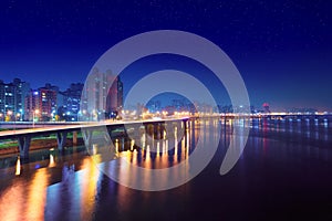 Night shot road leading to Yeouido island - buisness district of Seoul, South Korea