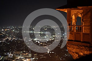 Night shot showing mehrangarh fort terrace balcony overlooking the lights of Jodhpur city