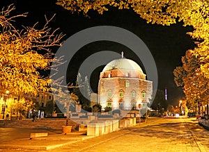 Night shot of the Turkish mosque in PÃ©cs, Hungary