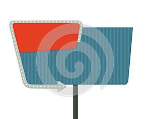Night sign with an arrow. Billboard in retro style with lights. Vector flat illustration isolated on white background. For