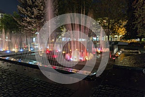 Night Singing fountain in Kosice Old Town, Slovakia.