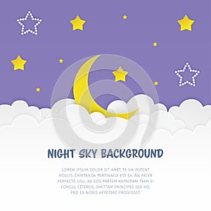 Night sky background with clouds, stars and crescent. Moon with white and yellow stars on the fantasy cloudy background.