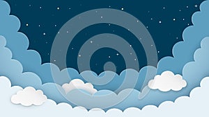 Night sky background with clouds and stars. Dark night cloudscape backdrop with copy-space. Cartoon paper art style. Vector