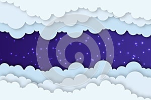 Night sky background with clouds and stars. Dark night cloudscape backdrop with copy-space. Cartoon paper art style. Vector