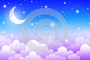 Night sky background. Cloudy blue vector space with moon and star. Sleepy cartoon fantasy midnight scene. Cute landscape