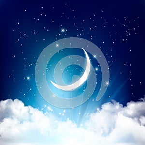 Night sky background with with crescent moon, clouds