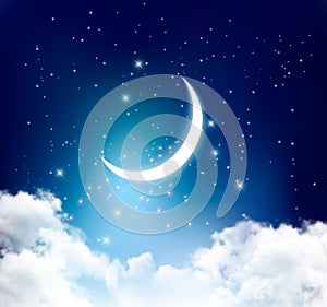 Night sky background with with crescent moon, clouds and stars.