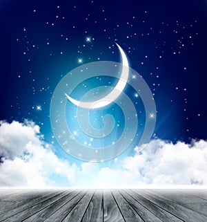 Night sky background with with crescent moon, clouds