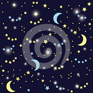 Night sky background with moon and stars. Vector seamless texture. Blue and yellow shining stars on black background
