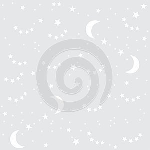 Night sky background with moon and stars. Vector seamless texture. Grey background with flat white stars and moon