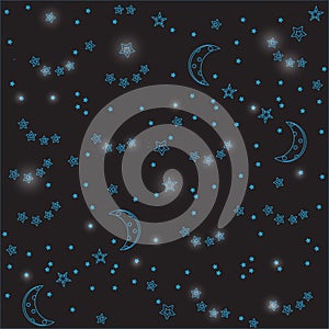 Night sky background with moon and stars. Vector seamless texture. Neon shining contour stars on a black background