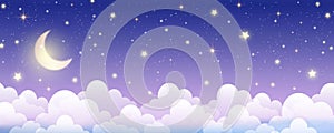 Night sky background. Starry dark gradient space. Crescent moon and clouds dreamy scene. Vector cute landscape panorama
