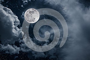 Night sky with bright full moon and cloudy, serenity nature background