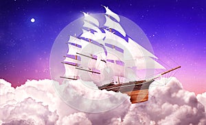 Night sky with clouds, shiny moon and fantastic ship.