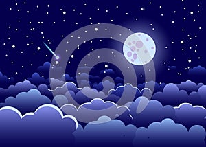 Night sky with clouds and stars, and the full glowing moon, land