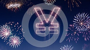 Night sky with fireworks shaped as a Yen symbol.series