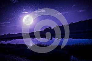 Night sky with full moon and many stars, serenity nature background.