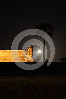 Night Sky and Full Moon over Castillo de San Marco Tower Oldest Fort