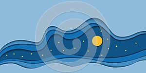 Night sky with full moon and stars on abstract blue waves background, banner, poster, paper cut out art, vector