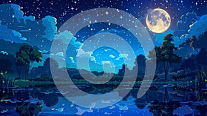 Night sky with full moon, stars, and clouds reflecting starlight on trees and pond. Dark heaven with moonlight, romantic