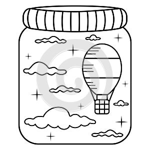 Night sky in a glass jar.Black and white doodle clouds,stars and aerostat balloon